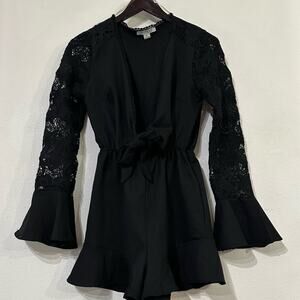 Favlux Black Long Sleeve Romper With Lace Sleeves